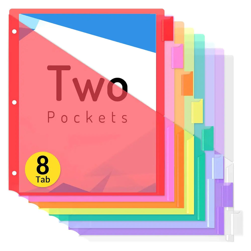8-pack of document organizers with two pockets, tabbed dividers for 3-ring binders, letter-size, durable plastic dividers.